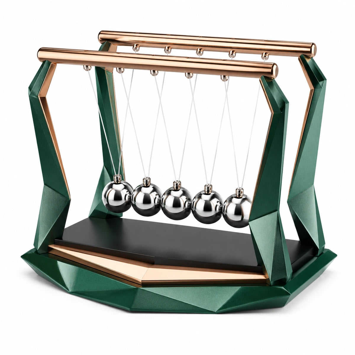 Péndulo de Newton Decorativo Verde y Metálico con Base Geométrica