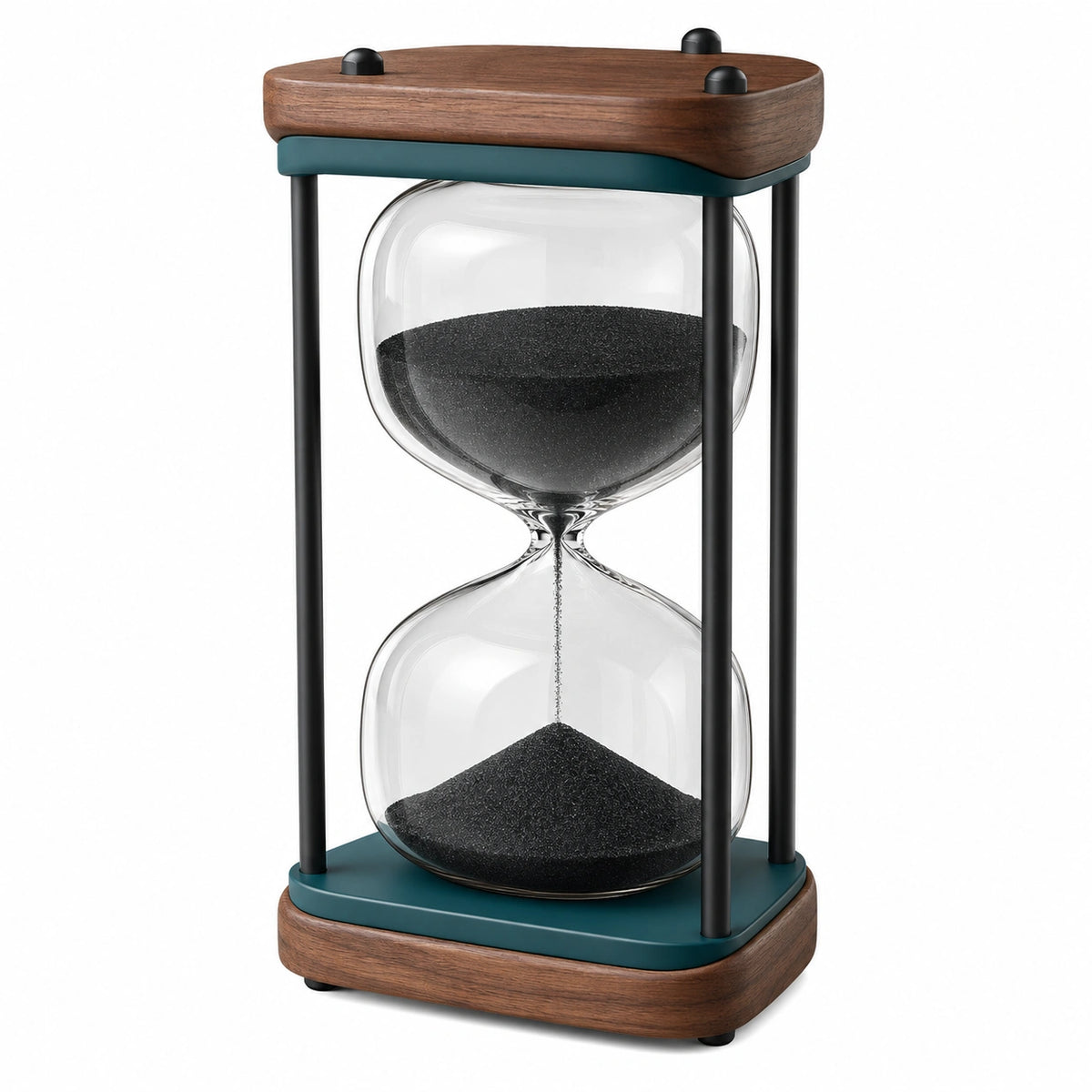 Reloj de Arena con Arena Negra y Base de Madera