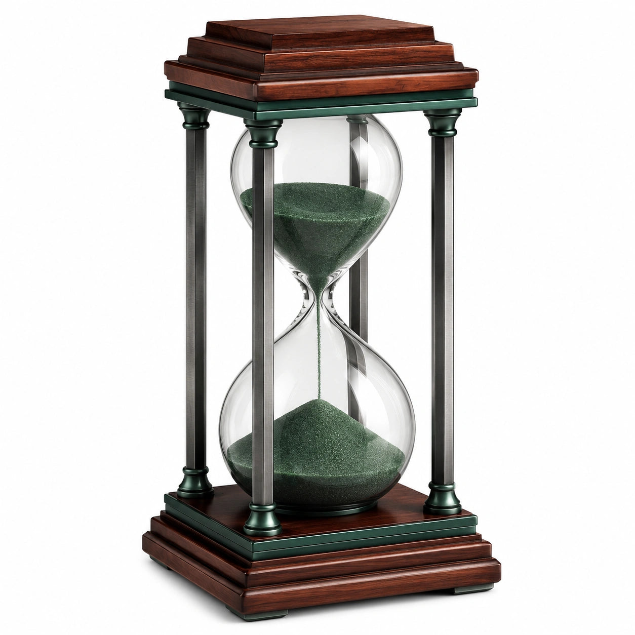 Reloj de arena decorativo de madera y vidrio con arena verde