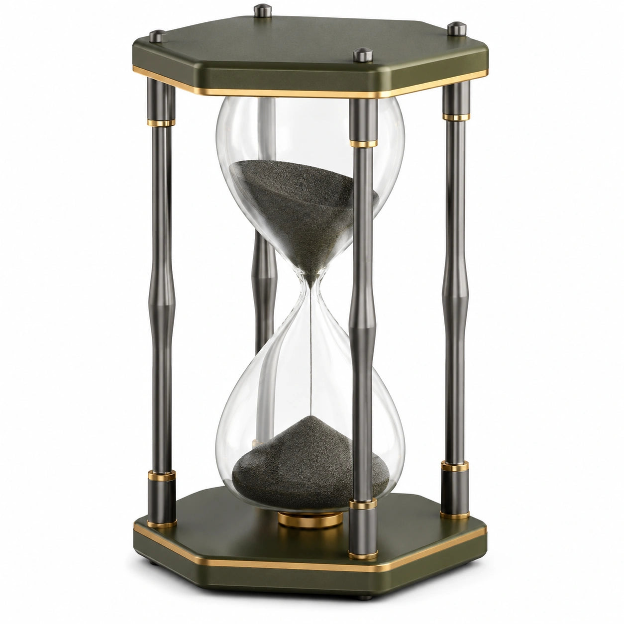 Reloj de Arena Decorativo Hexagonal de Cristal Acero Negro y Dorado