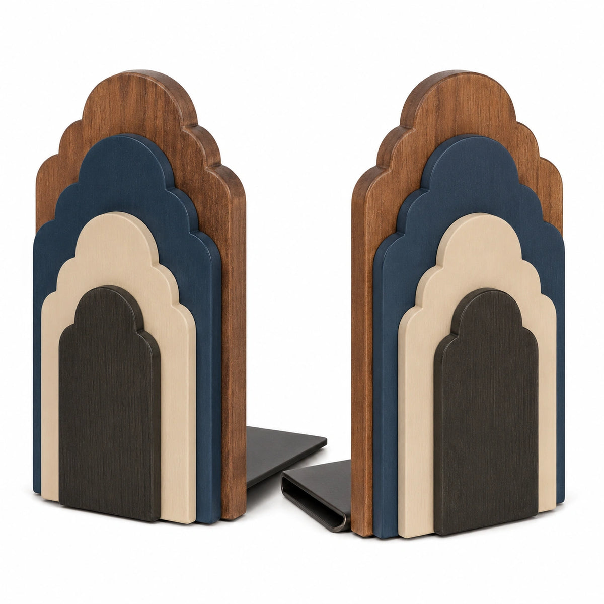 Sujetalibros decorativo diseño de arco en marrón, azul, beige y negro