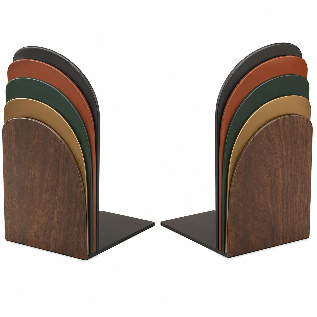 Sujetalibros multicolor de madera y metal con diseño de arcos